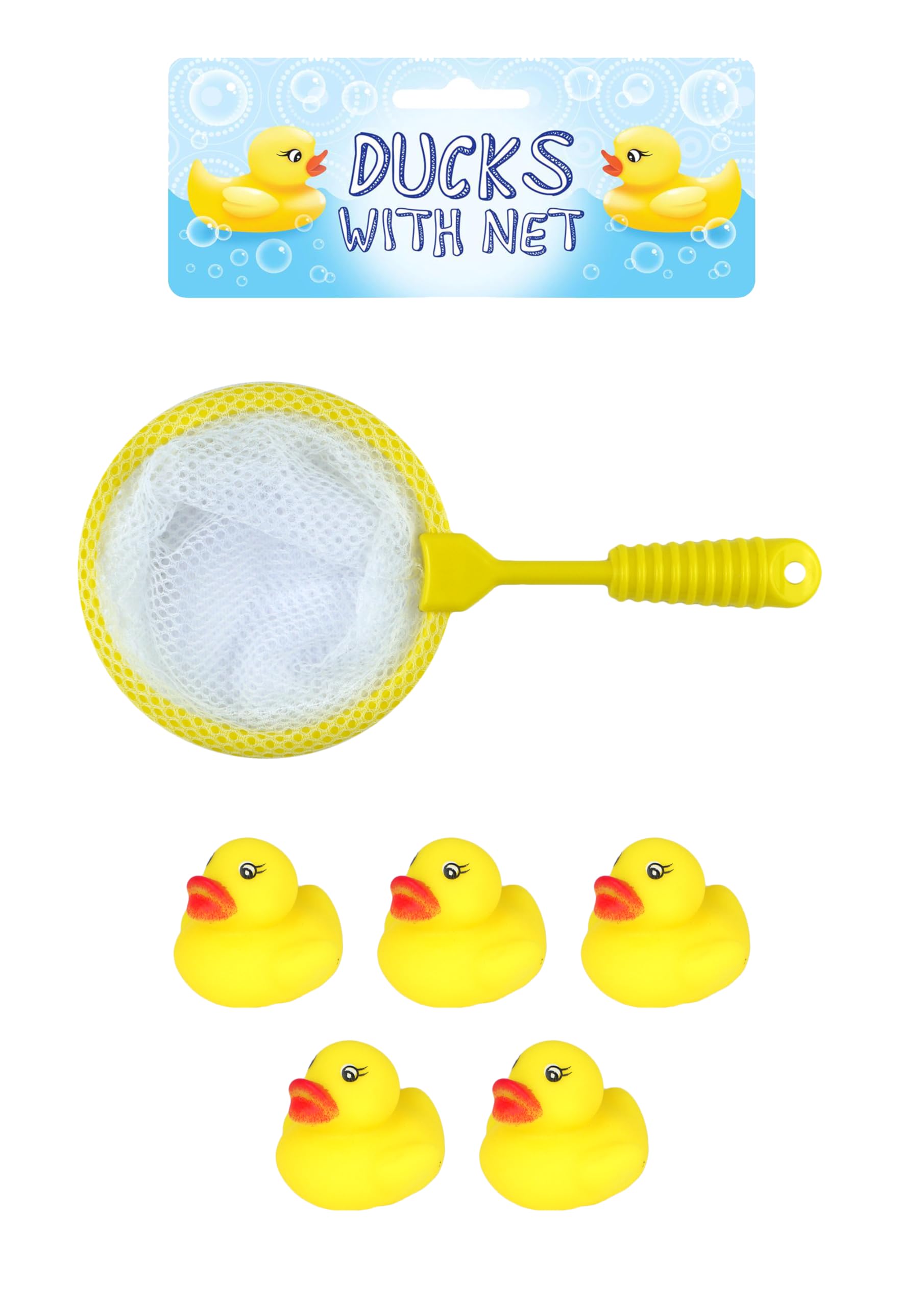 Henbrandt Mini Ducks with Net Bath Time Single Pack 6-Piece Game Set with 5 Ducks + 1 Net Kids Yellow Rubber Duck Toys Summer Fun Paddling Pool Games Bathtub Play for Boys and Girls