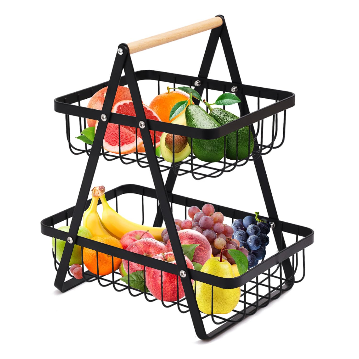 Mualady 2 Tier Fruit Basket, Vegetable Baskets for Kitchens, Countertop Fruit Bowl, Fruit Veg Basket Storage, Black Metal Wired Fruit Rack, Large Two Tiered Fruit Bowl
