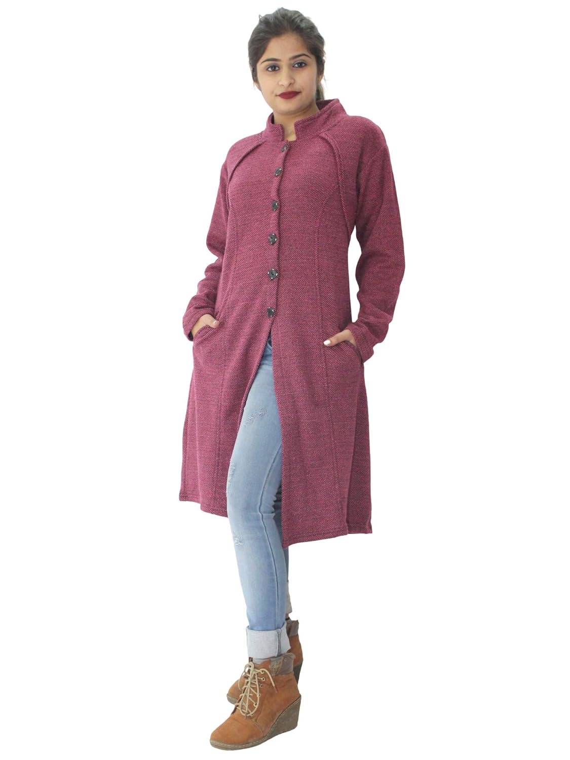 matelco women's woollen brown button long coat with pockets
