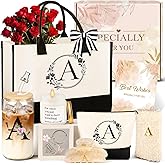 Birthday Gifts for Women, 10pcs Monogrammed Gifts for Women Initial Canvas Tote Bag, Makeup Bag, Glass Cup, Hair Clip, Candle Basket Birthday Personalized Gift for Her Woman Mom Wife Friend Teacher, A