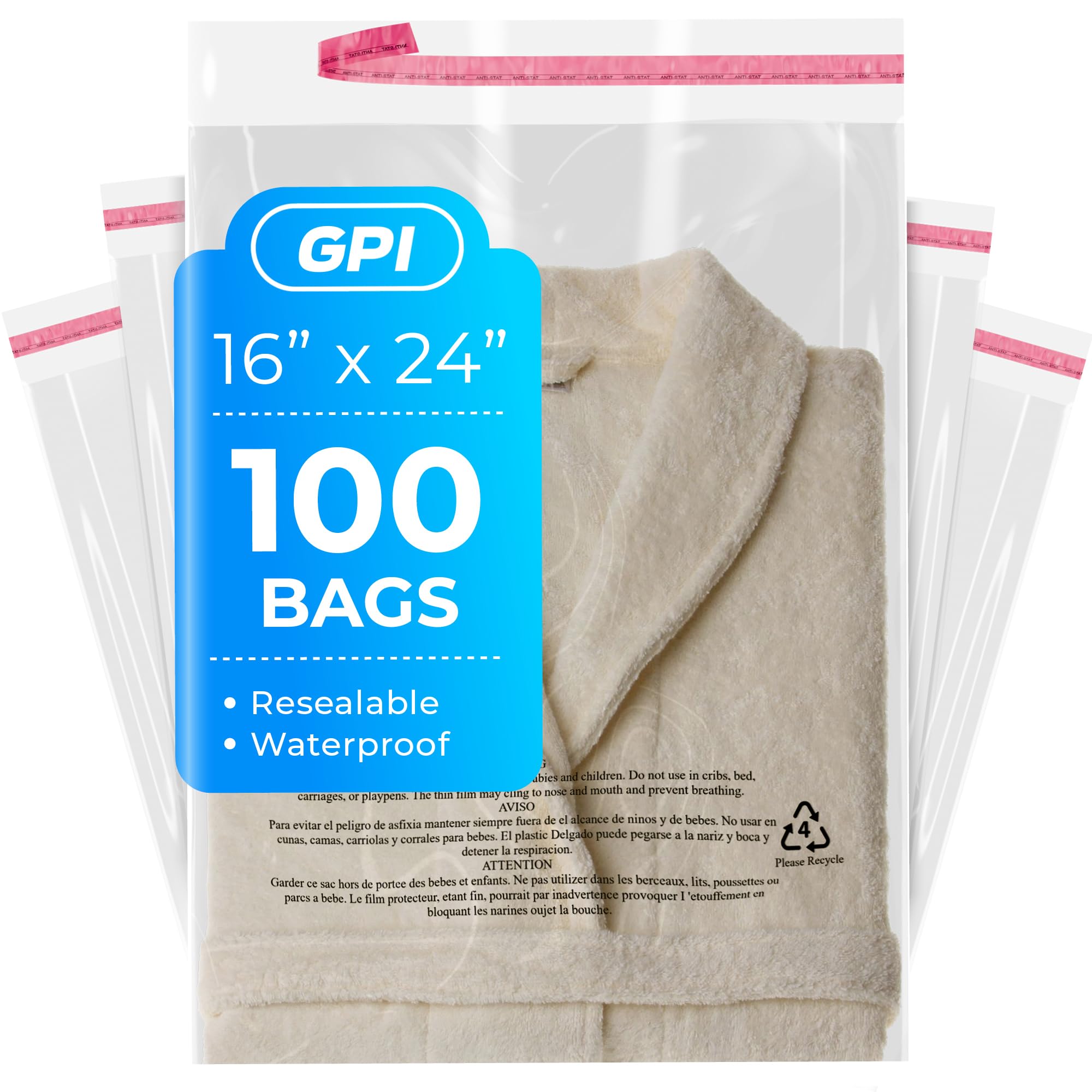 Photo 1 of 100 Count - 16" x 24" Extra-Large Self Seal Poly Bags with Suffocation Warning, 1.5 Mil, Clear Polybags with Resealable Adhesive Strip for Shipping & Packaging Clothing, T Shirts & Sweaters. GPI