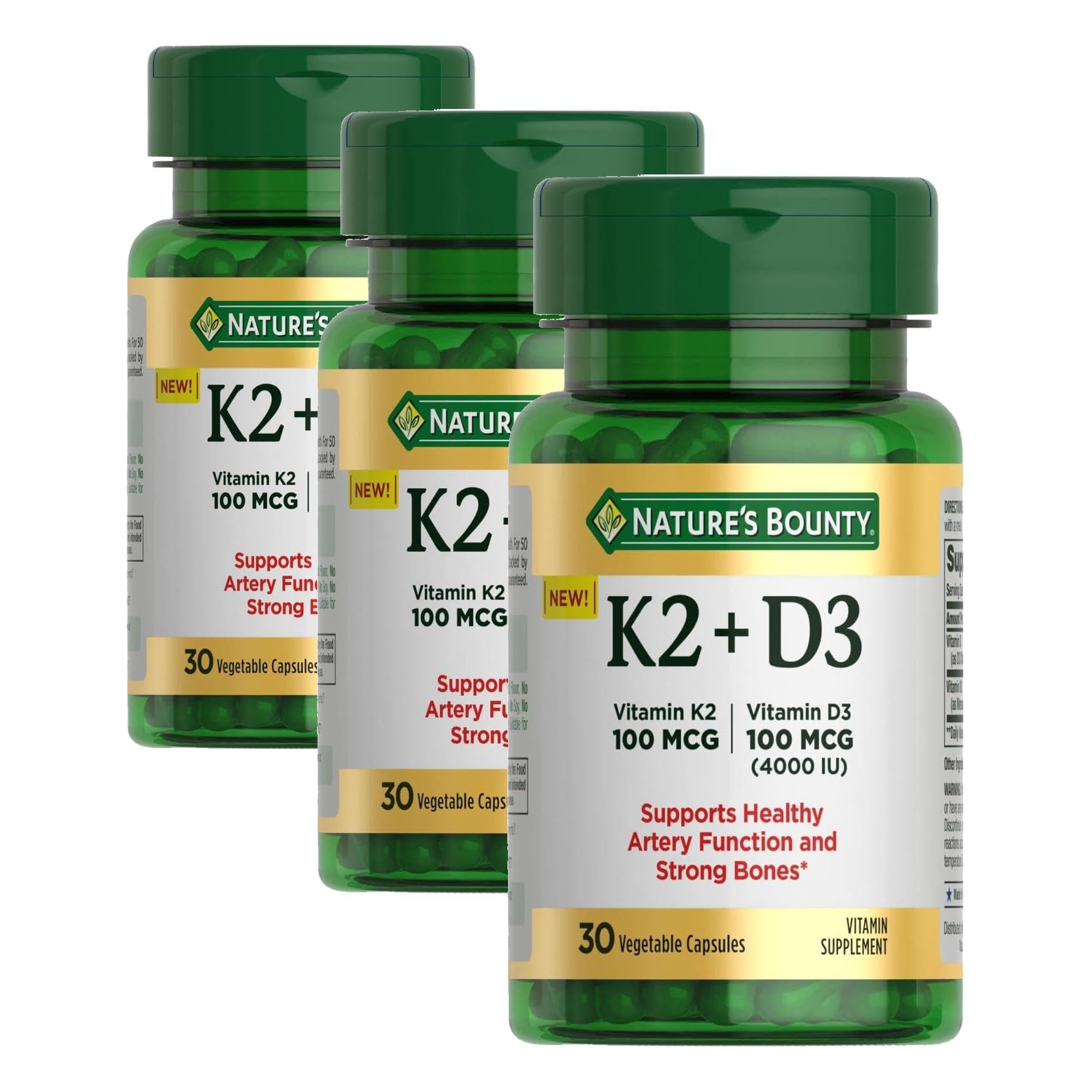 Nature's Bounty Vitamin D3 K2 Supplement, 4000 IU Vitamin D3 Plus 100 mcg of Vitamin K Supplements for Adults for Heart & Bone Health Support, 30 Day Supply, 30 Vegetarian Capsules (Pack of 3) Image
