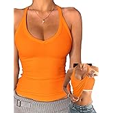 Danysu V Neck Cotton Tank Tops with Built-in Shelf Bra Sleeveless Racerback Fitted Basic Cami Shirts