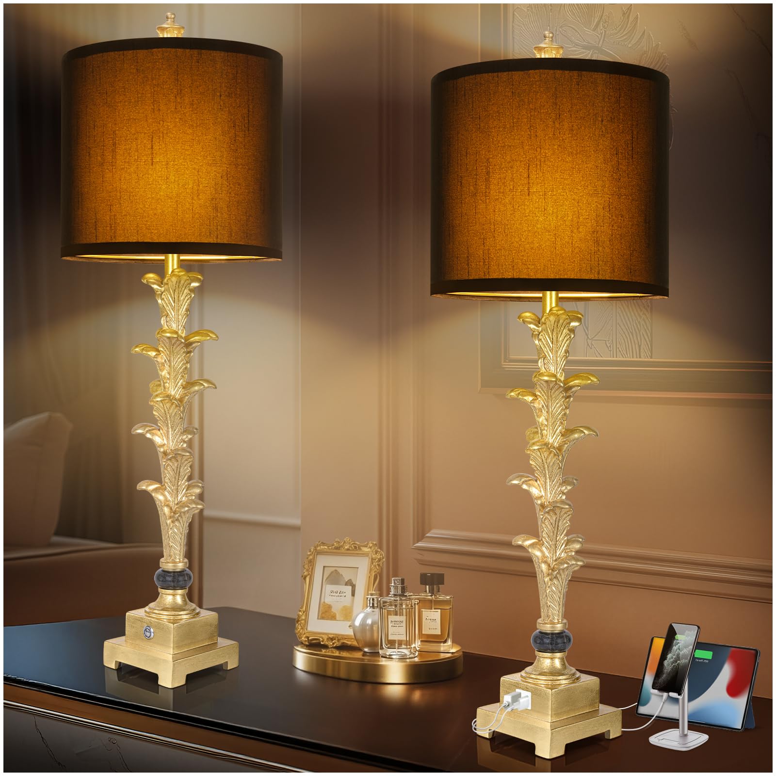 Photo 1 of Table Lamps Set of 2 for Living Room, 3-Way Dimmable Touch Buffet Lamps with USB A+C Ports, Gold Leaf Finish Bedside Lamps with Black Linen Shades, Modern Nightstand Lamp for Bedroom Office Entryway