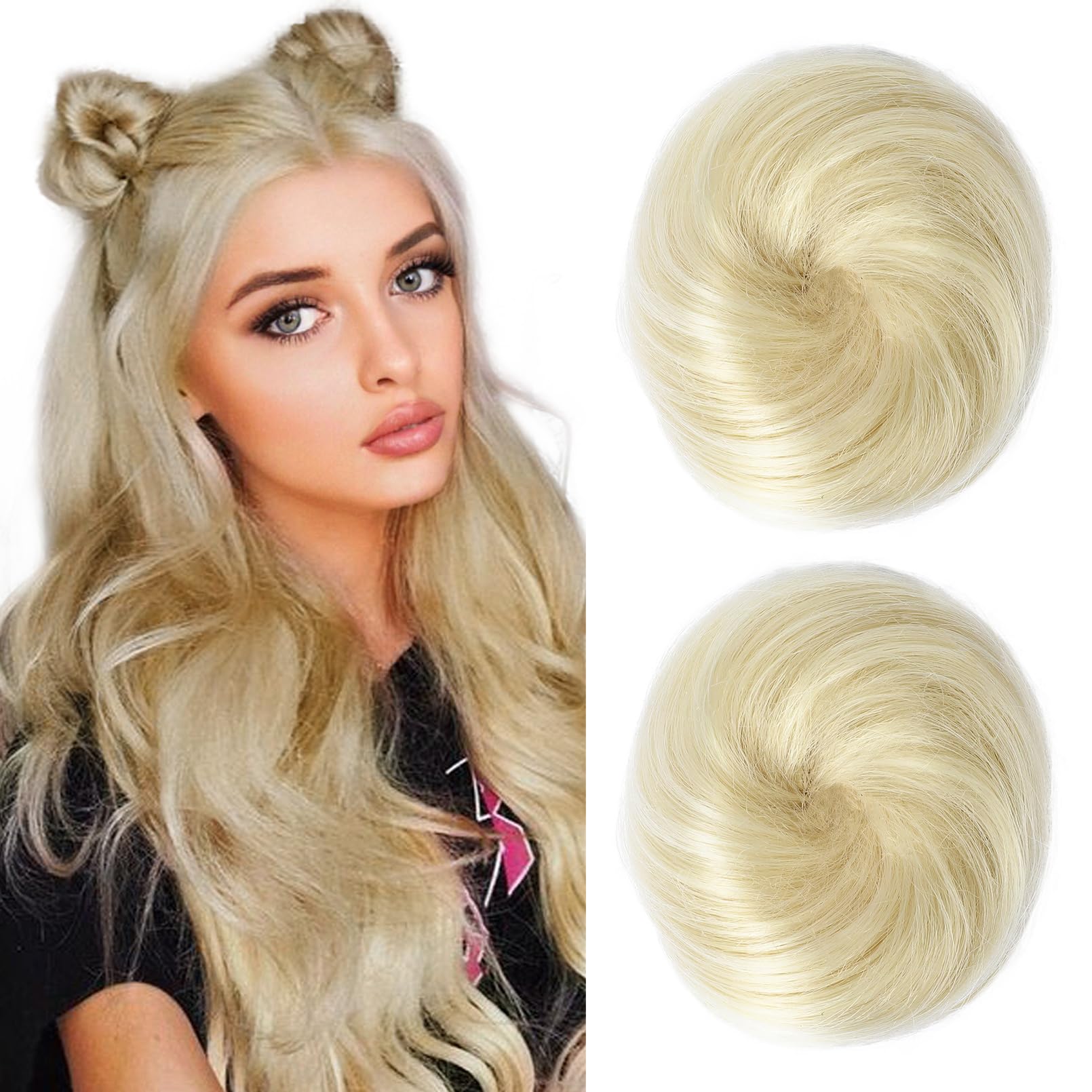 REECHO 2 PCS Mini Claw Clip in Messy & Cat Ears Hair Bun Extensions Wig Accessory Updo Hairpieces for Women Girls (Pack of 2-3" Straight, Natural Blonde)