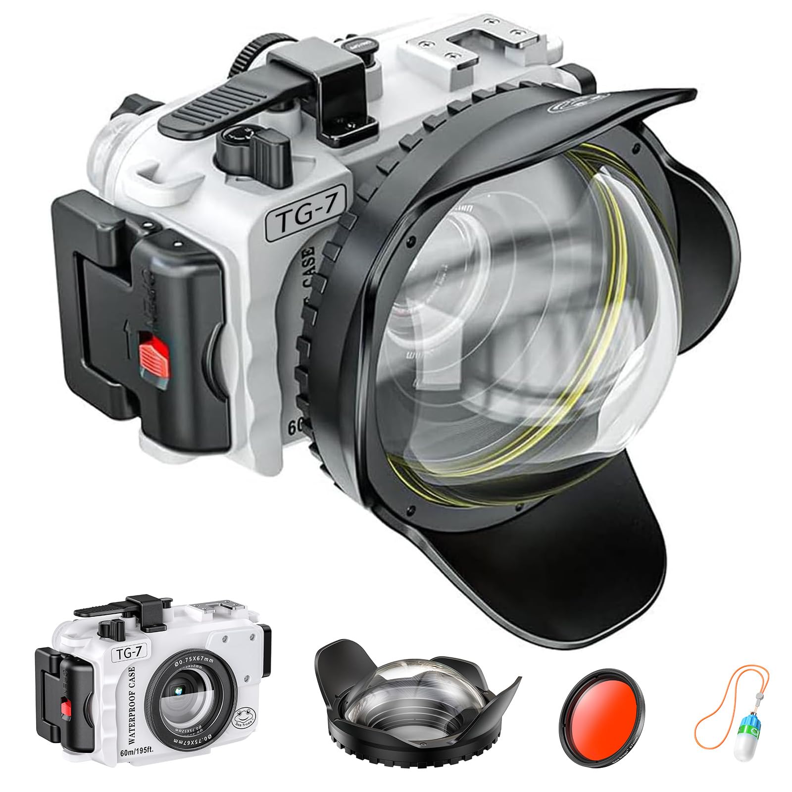 Photo 1 of Seafrogs 60m/195ft Underwater Camera Housing for Olympus TG-7 – Waterproof Case with 52mm & 67mm Thread, Dual Fiber Optic Ports, Leak Detection, Stainless Steel Mounting Plate, 67mm Fisheye Lens