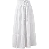 sprechic Women's Summer Flowy Boho Maxi Skirt 2025 A-Line Flowy Ruffle Tiered Drawstring Elastic High Waist Beach Long Skirts