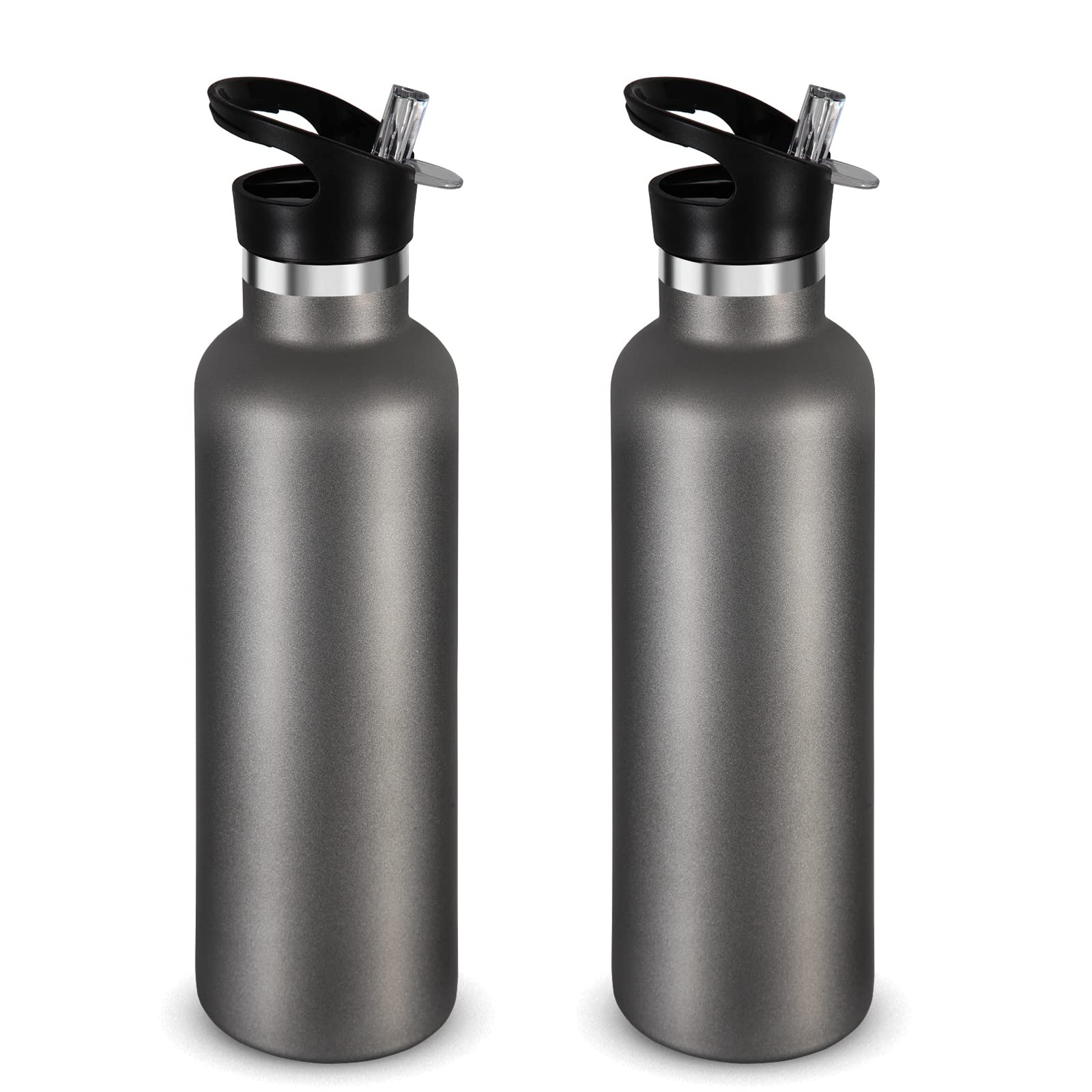 Volhoply 750ml Insulated Water Bottles Bulk 2 Pack,Stainless Steel Double Wall Sport Bottle with Straw Lid,Metal Reusable with Hand Cap for School,Cyclists,Hikers,Gift(Cold Grey, 2)