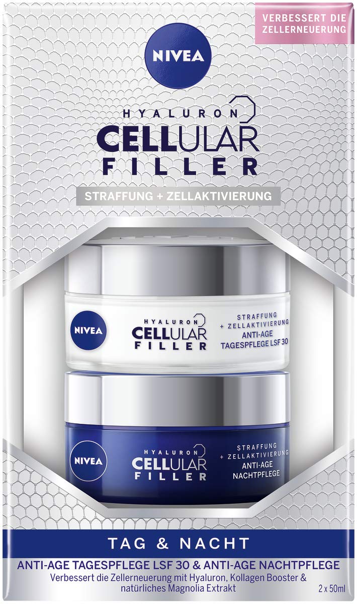 NIVEA Hyaluron Cellular Filler Anti-Age Tag & Nacht Set (2 x 50 ml), Set mit Tagespflege LSF 30 & Nachtpflege, Gesichtspflege mit Hyaluron, Kollagen Booster & Magnolia Extrakt