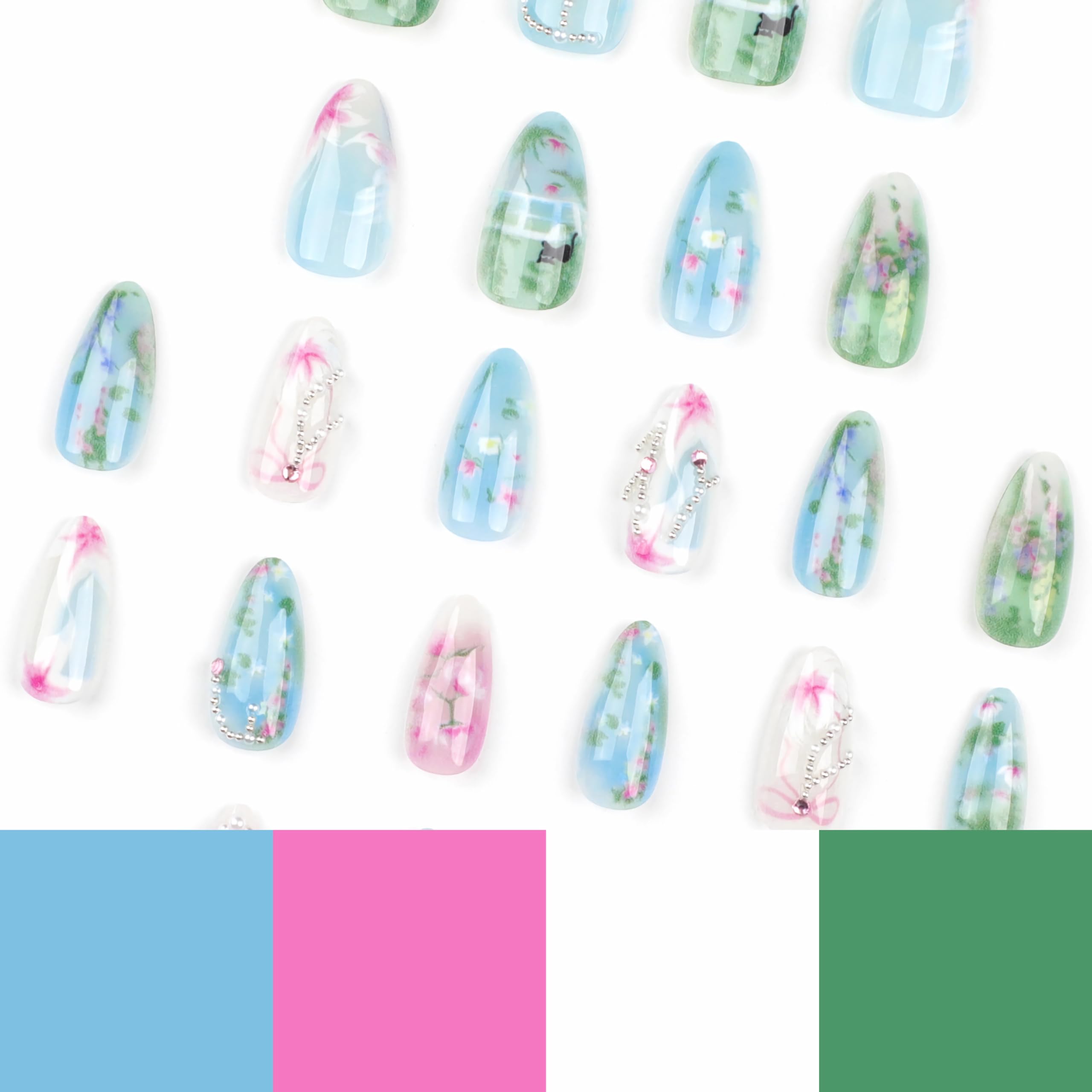 BABALAL Almond Press on Nails Medium Blue Green Fake Nails Bow Glue on Nails Cute Cat Flower Design Acrylic Nails 24Pcs Stiletto Handmade Full Cover False Nails - Image 3