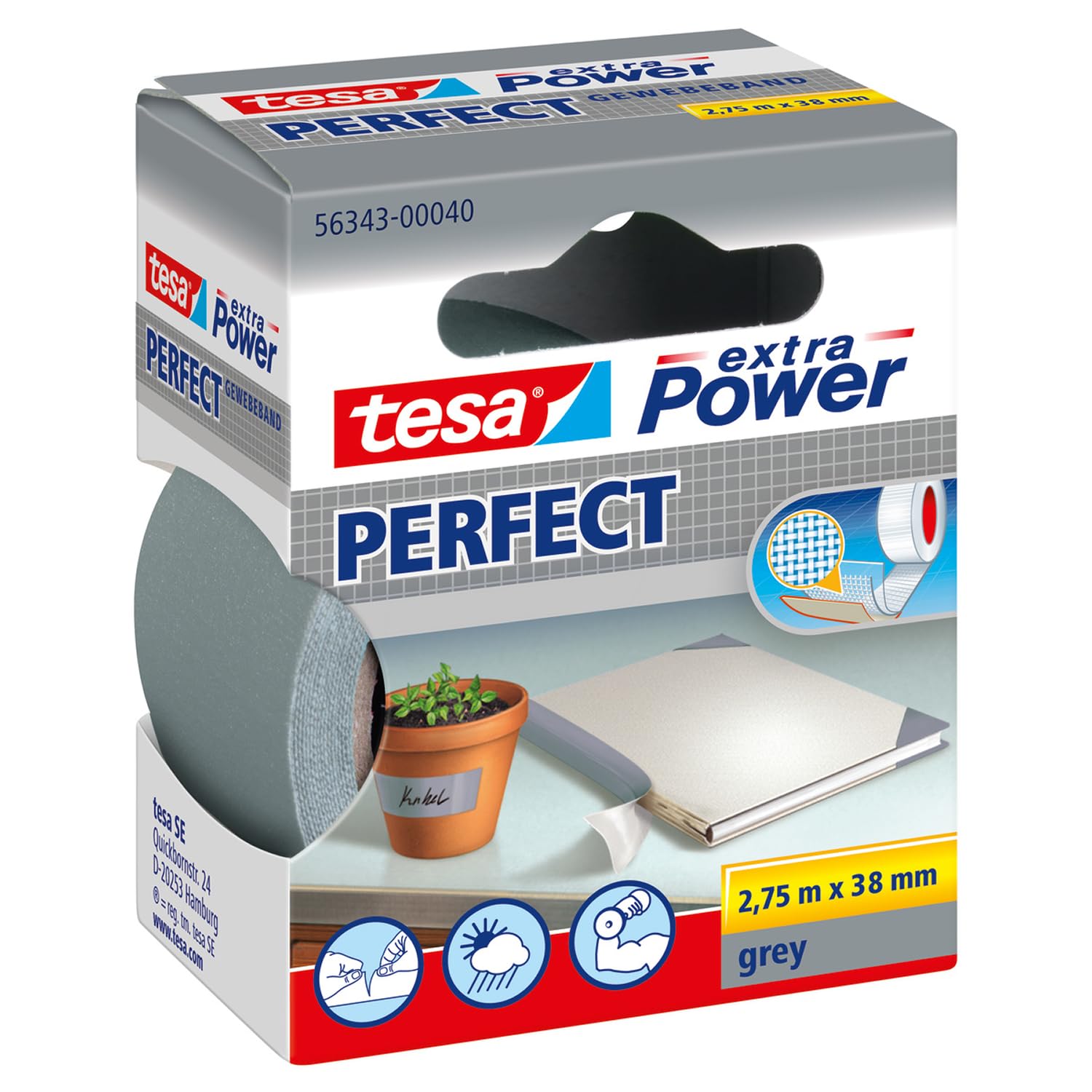 tesa UK extra Power Perfect Cloth Tape - Fabric-Reinforced Repairing Tape for Crafting, Repairing, Fastening, Reinforcing and Labelling - Grey - 2.75 m x 38 mm