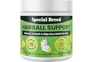 SPECIAL BREED Hairball Support for Cats - 10 Super Ingredients for Furball Treatment Relief, Hairball Remedy, Digestive Support & Healthy Skin - No Fillers - Psyllium, Pumpkin, Omega-3s & More - 240 Scoops