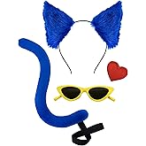 Blue Cat Ears Headband Cat Tail Set Yellow Glasses Heart Sticker Adult Christmas Halloween Costume Party Accessories