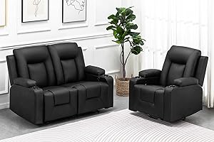 COMHOMA Recliner Chair Set，Furniture Bonded Leather Recliner Set Living Room Set, Sofa, Loveseat, (Black, Living Room Set 2+1)