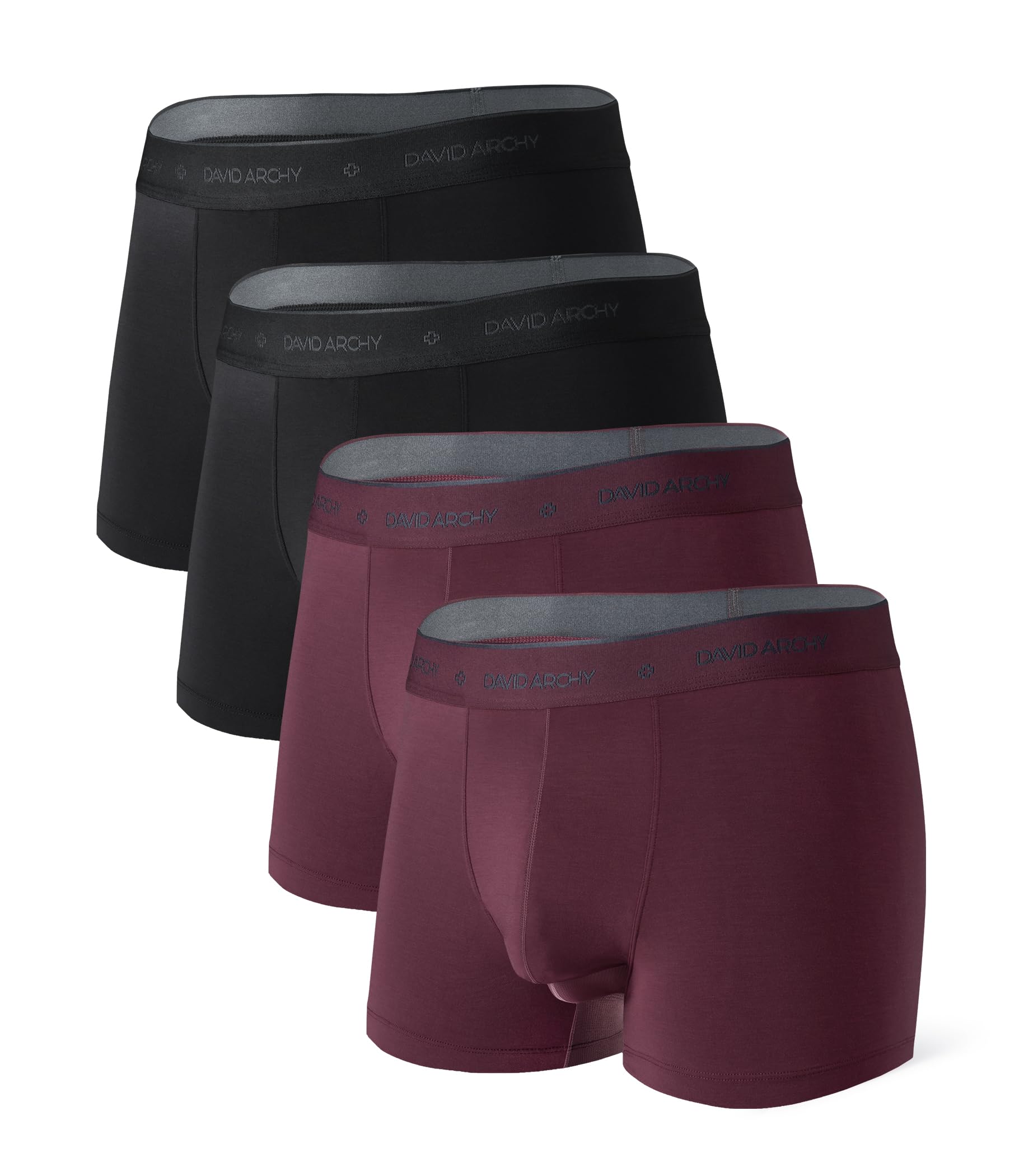 Photo 1 of DAVID ARCHY Men's Underwear Ultra Soft Modal Dual Pouch Trunks Support Ball Pouch Bulge Enhancing Boxer Briefs for Men 4 Pack(L, Black/Deep Plum)