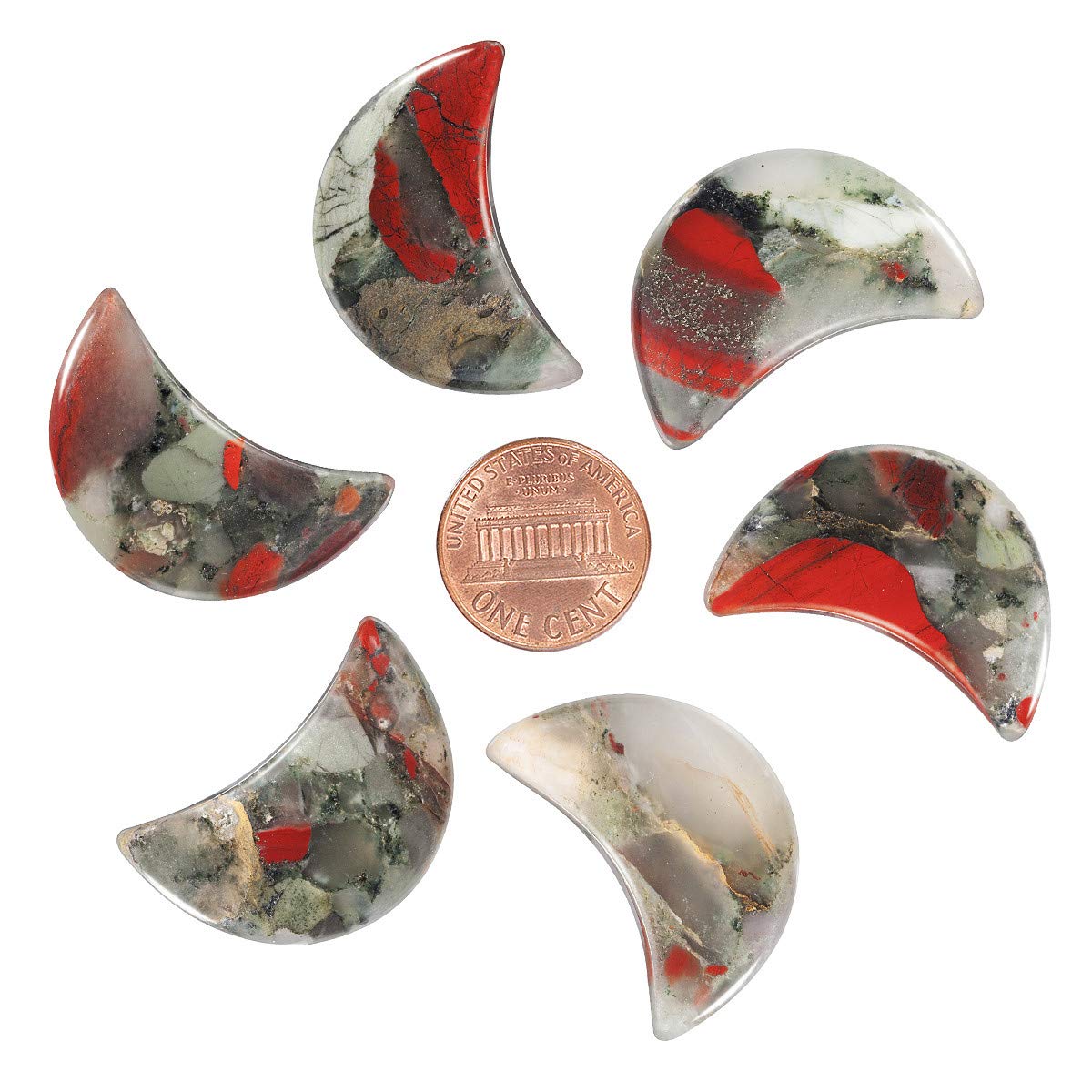 mookaitedecor Set of 5 African Bloodstone Moon Healing Crystal Pendants for Jewellery Making, Semi Precious Moon Shaped Palm Worry Stones for Anxiety Stress Relief Tumbled Pocket Stone Desk Decor