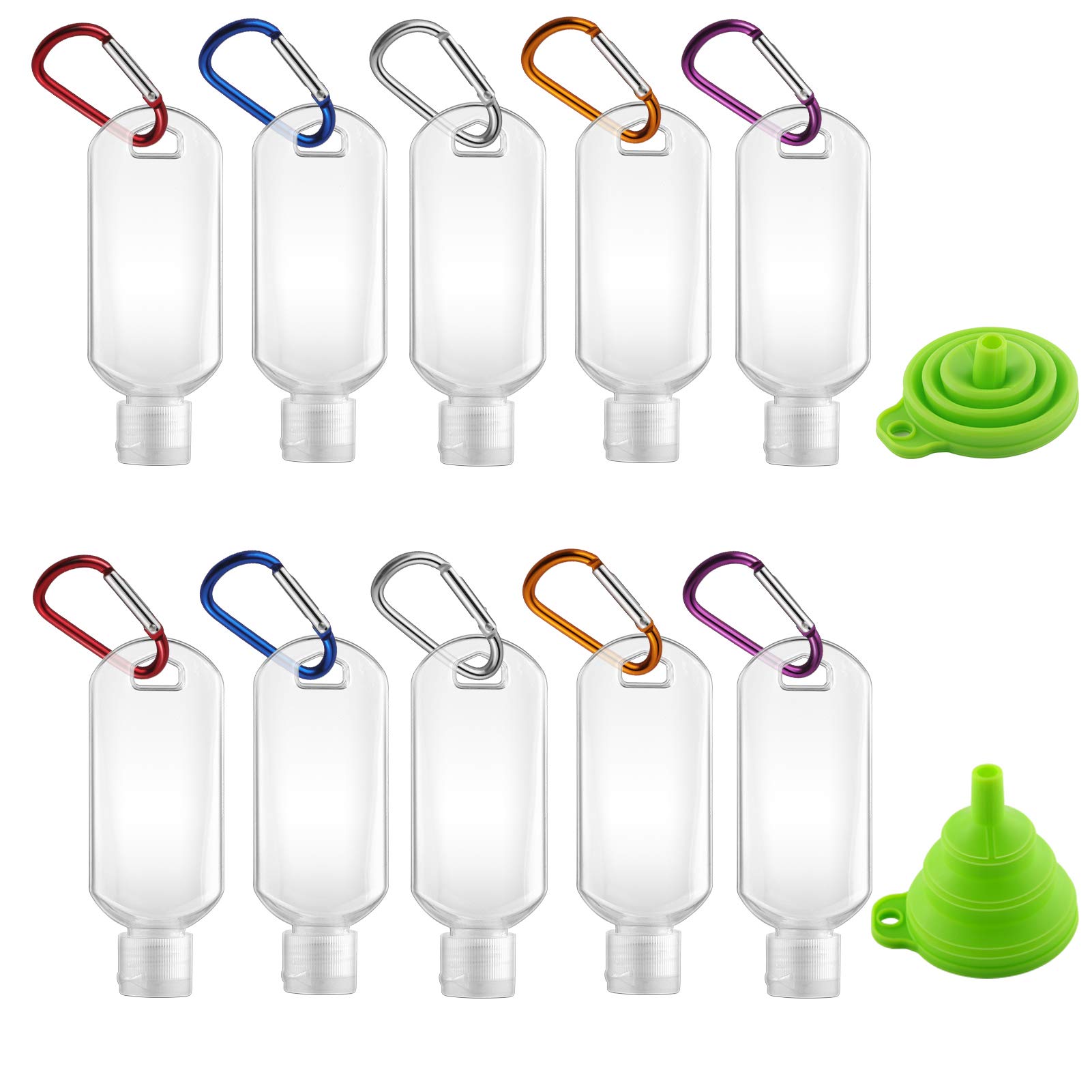 10 Pcs 50ml Refillable Travel Bottles with Hook, MSDADA Portable Hand Sanitizer Bottles with Clip, Empty Plastic Leak Proof Bottle with Folding Funnel for Travel Outdoor School Liquid Containers