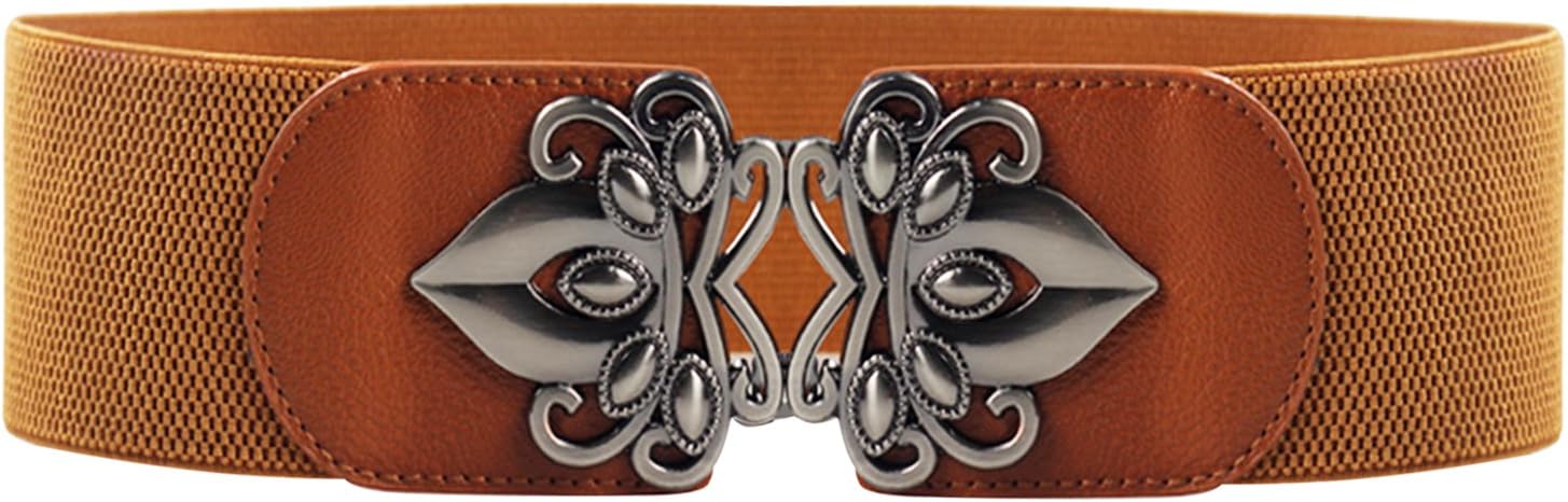 Women's Ladies Vintage Wide Metal Interlock Buckle Stretchy Elastic Waist Belt