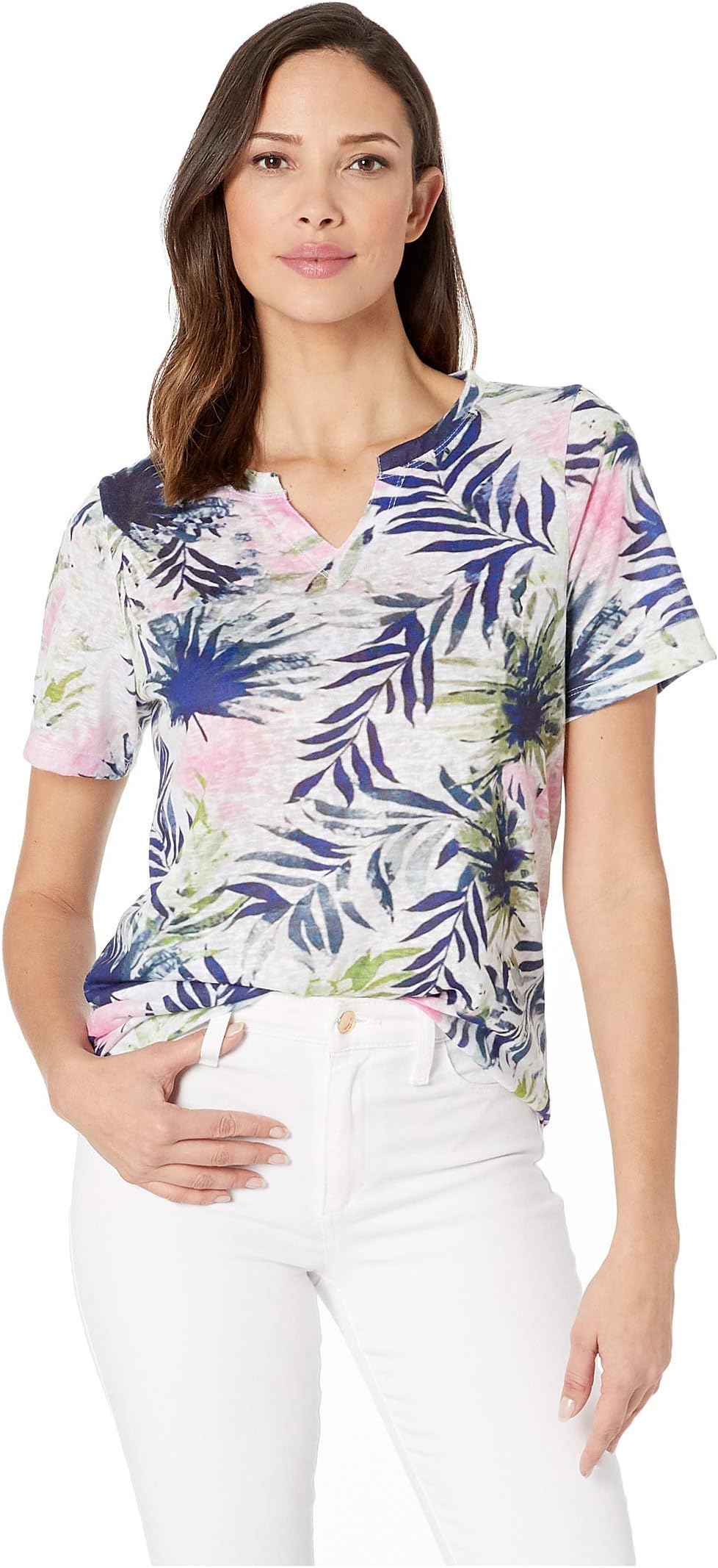FDJ French Dressing Jeans Women's Printed Smooth Jersey Tropical Foliage Notched Crew Top