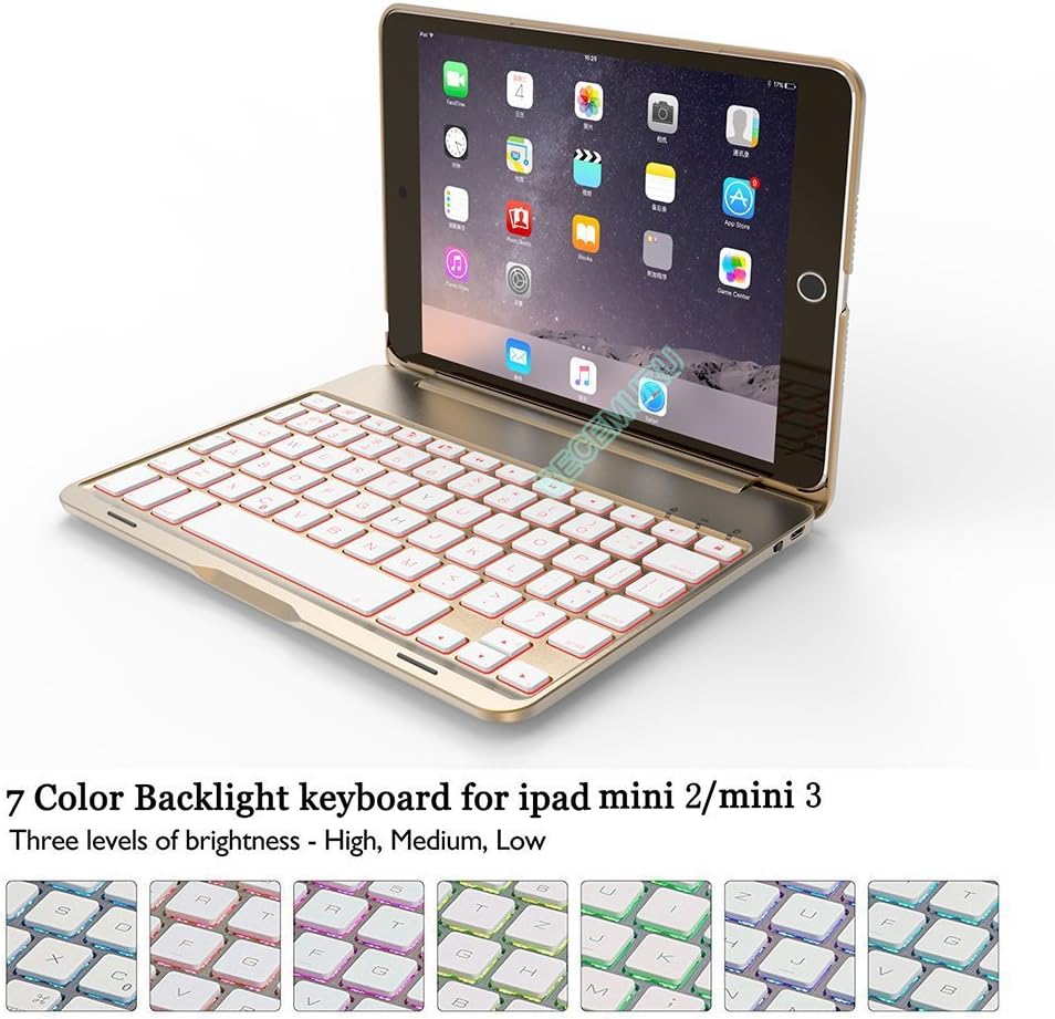 iPad Mini2/iPad Mini3 Keyboard Case BECEMURU 7-color Backlight Wireless Bluetooth Keyboard Muti-angle Stand Protective Clamshell Case for 7.9" iPad Mini2/iPad Mini3 (gold)