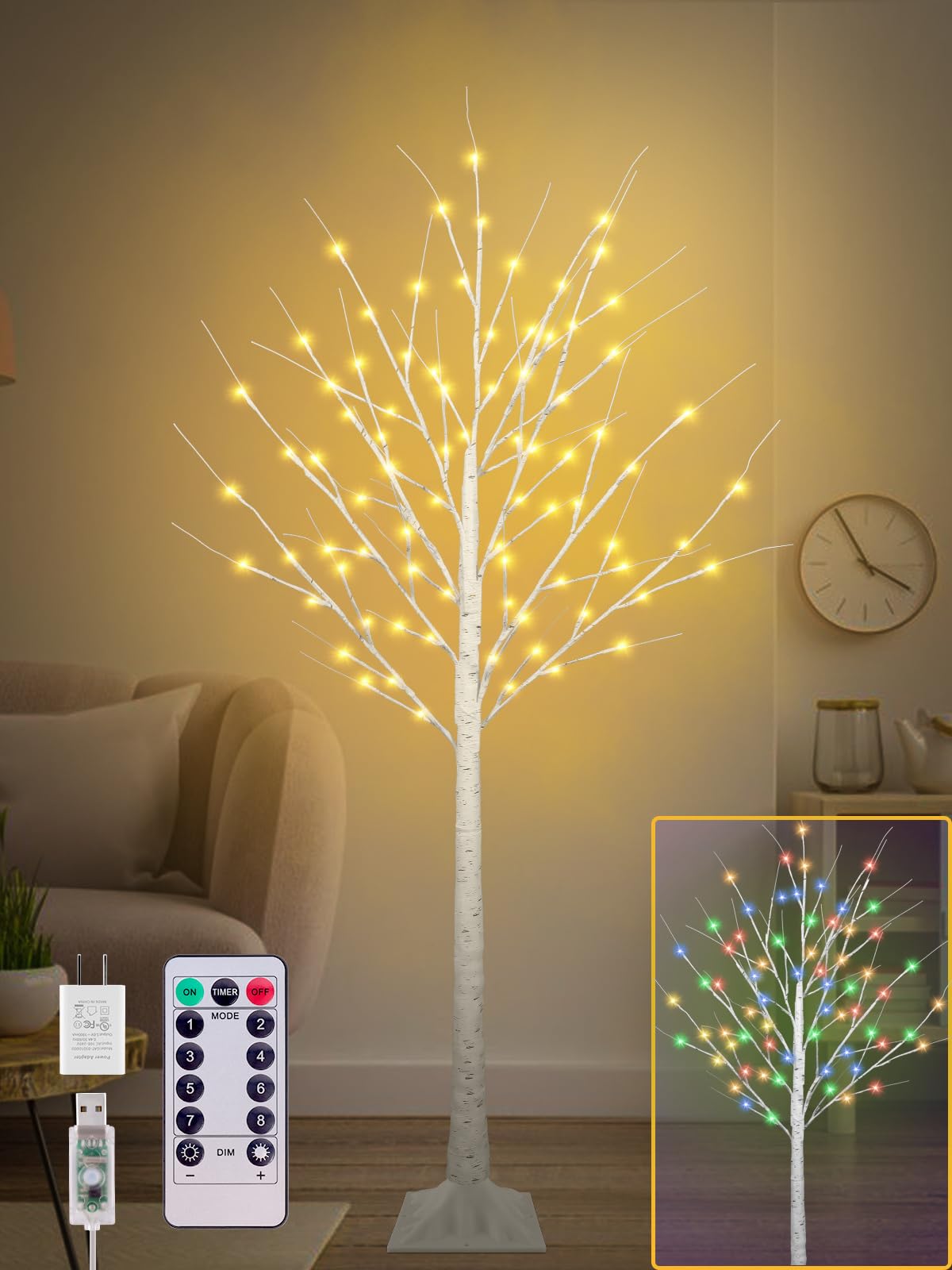 Photo 1 of 5FT Lighted Birch Tree with 90 LEDs Warm White and Multicolor Lights, 8 Functions Remote Faux Light Up Twig Christmas Tree with Lights for Indoor Outdoor Xmas Holiday Party Decoration