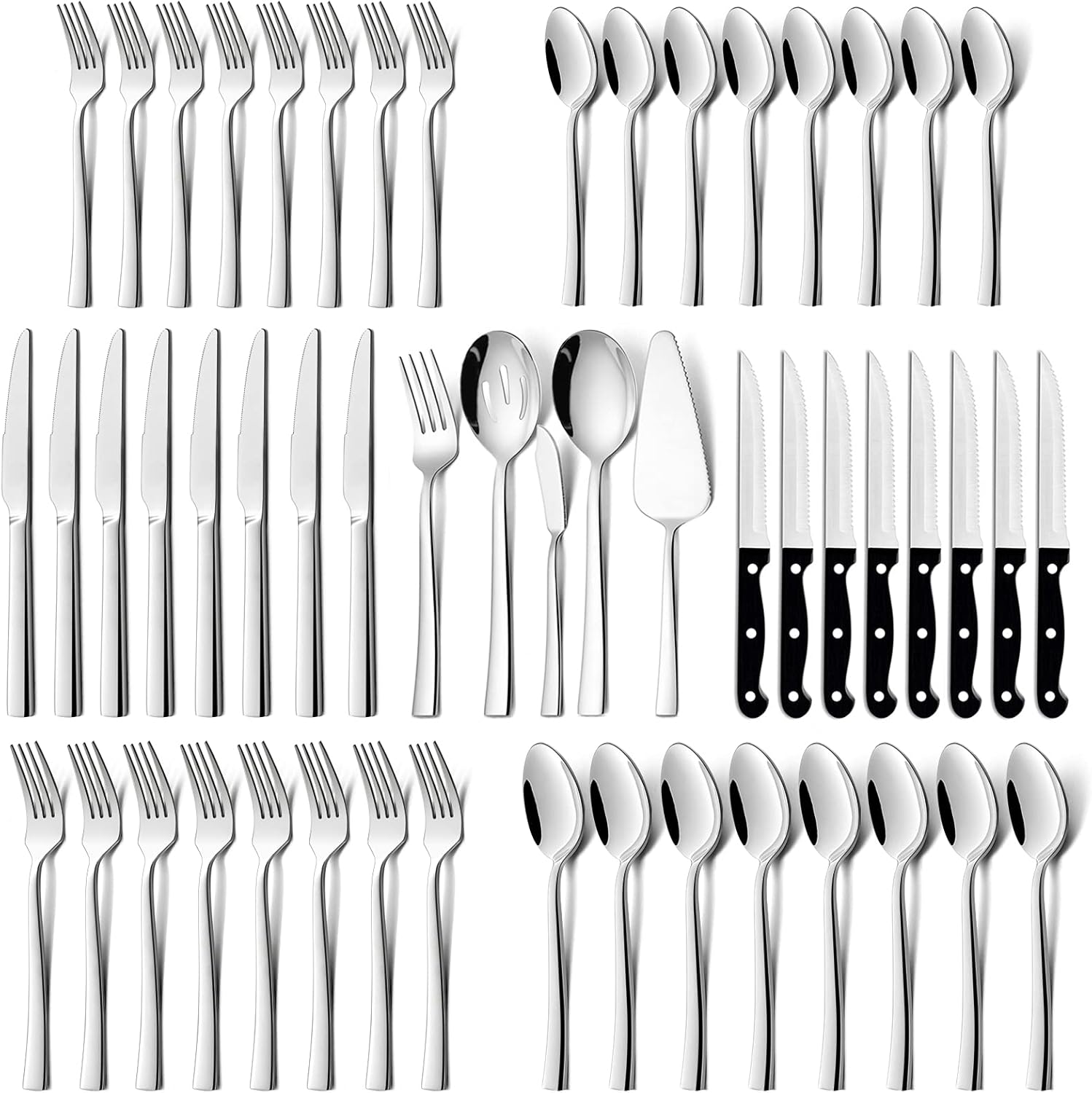 53-Piece Silverware Set with Steak Knives, Solid Stainless Steel Flatware Serving Utensils, Elegant Modern Design Cutlery Tableware Set for Home Holiday Gift, Dishwasher Safe-Servive for 8