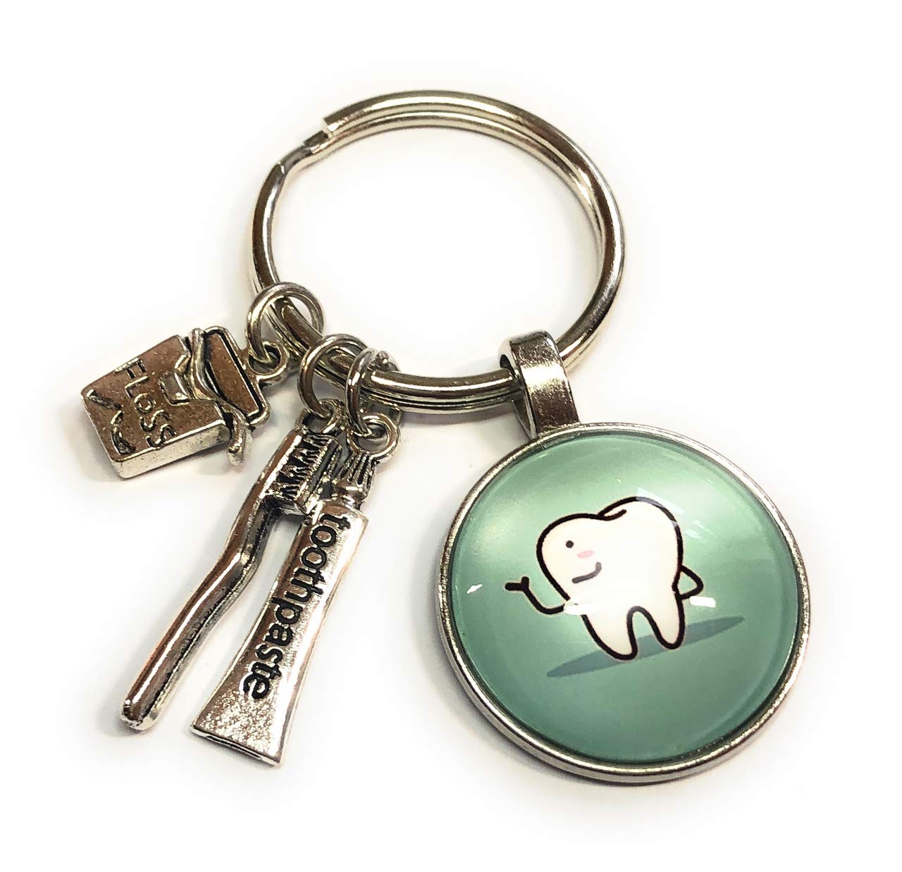 FizzyButton Gifts Tooth Print Silver Tone Keyring Key Ring with Toothpaste, Toothbrush and Dental Floss Charms