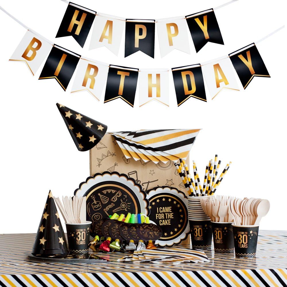 30th Birthday Plates, Napkins, Cups, Tablecloth, Banner, Party Hats - Huge Birthday Pack for 16 Person - Gold and Black 30th Birthday Table Decorations for Men and Women