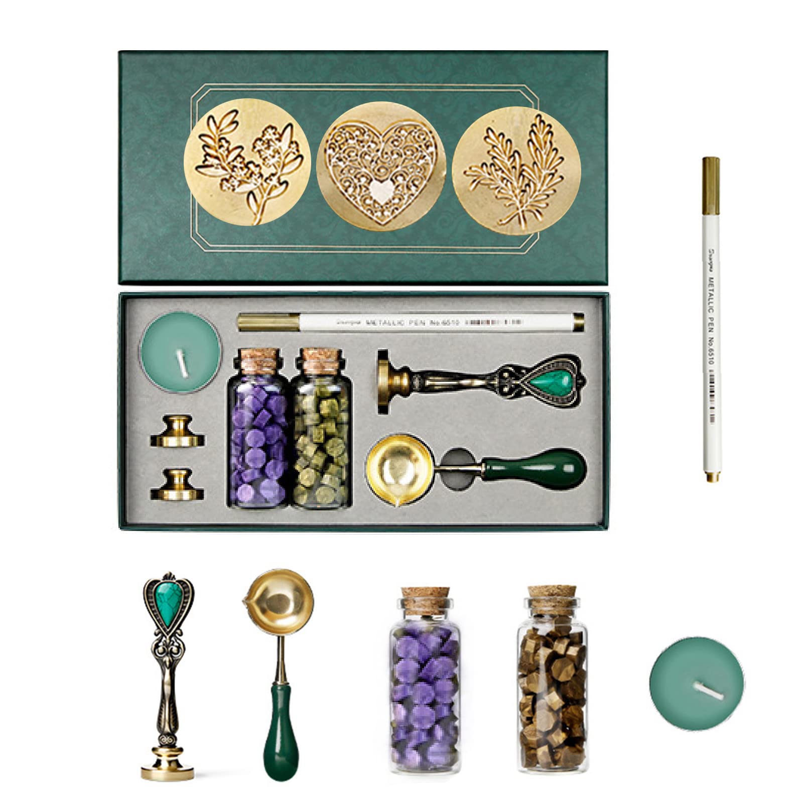RoseFlower Romantics Wax Seal Stamp Kit Christmas Sealing Wax Beads Set Gift Box, 3 Wax Stamp Brass Heads with Retro handle, Spoon and Pen for Envelopes Letters Wedding Invitations FestivalCards Gift