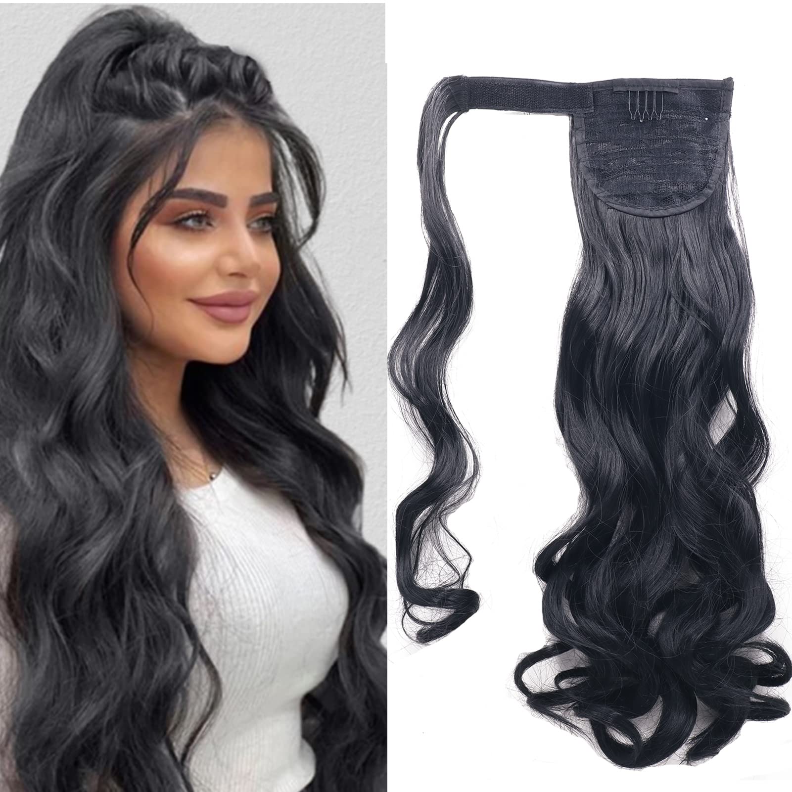Hair Extensions Wrap Around Ponytail Clip in Pony Tail One Piece Long Natural Black Extension Curly Wavy Wrap Hairpiece Look Synthetic for Women