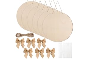 AWIZOM 6 Pcs 14 Inch Wood Circles for Crafts Unfinished Wooden Slice Blank Round Wooden Door Hanger Sign Round Wooden Discs with Bows,Twine, Glue Point for DIY Craft Christmas Home Holiday Decor,5 mm Thick