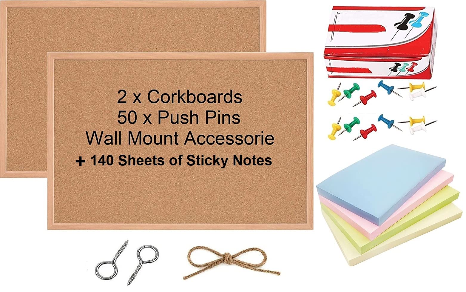 2 Pack Large Cork Pin Notice Board Bulletin Vision Boards for Home Bedroom Offices Memo Message Pictures Display Organiser Wood Frame Corkboard With 50 Push Pins + 140 Sticky Notes + Wall Mount Screws