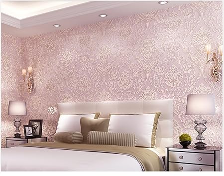pink and white wallpaper bedroom