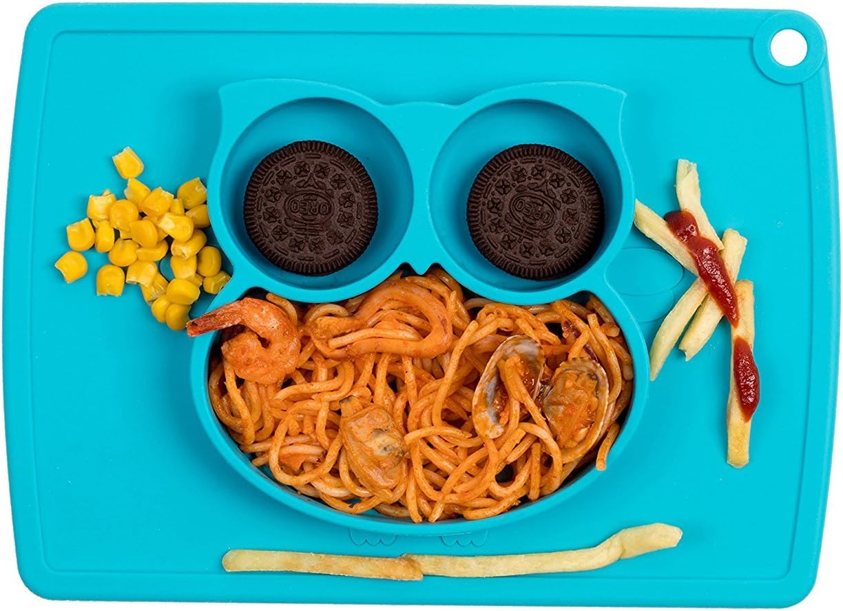 Baby Silicone Suction Placemat for Toddlers and Kids, Baby Portable Suction Plates BPA Free Feeding Trays Dishwasher and Microwave Safe Fits Most High Chair Trays, Owl Green