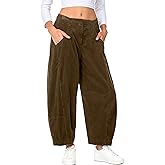 Fiona Jolin Corduroy Pants Women Barrel Casual Wide Leg Pant Mid Rise Elastic Back Waist Baggy Trousers with Pockets
