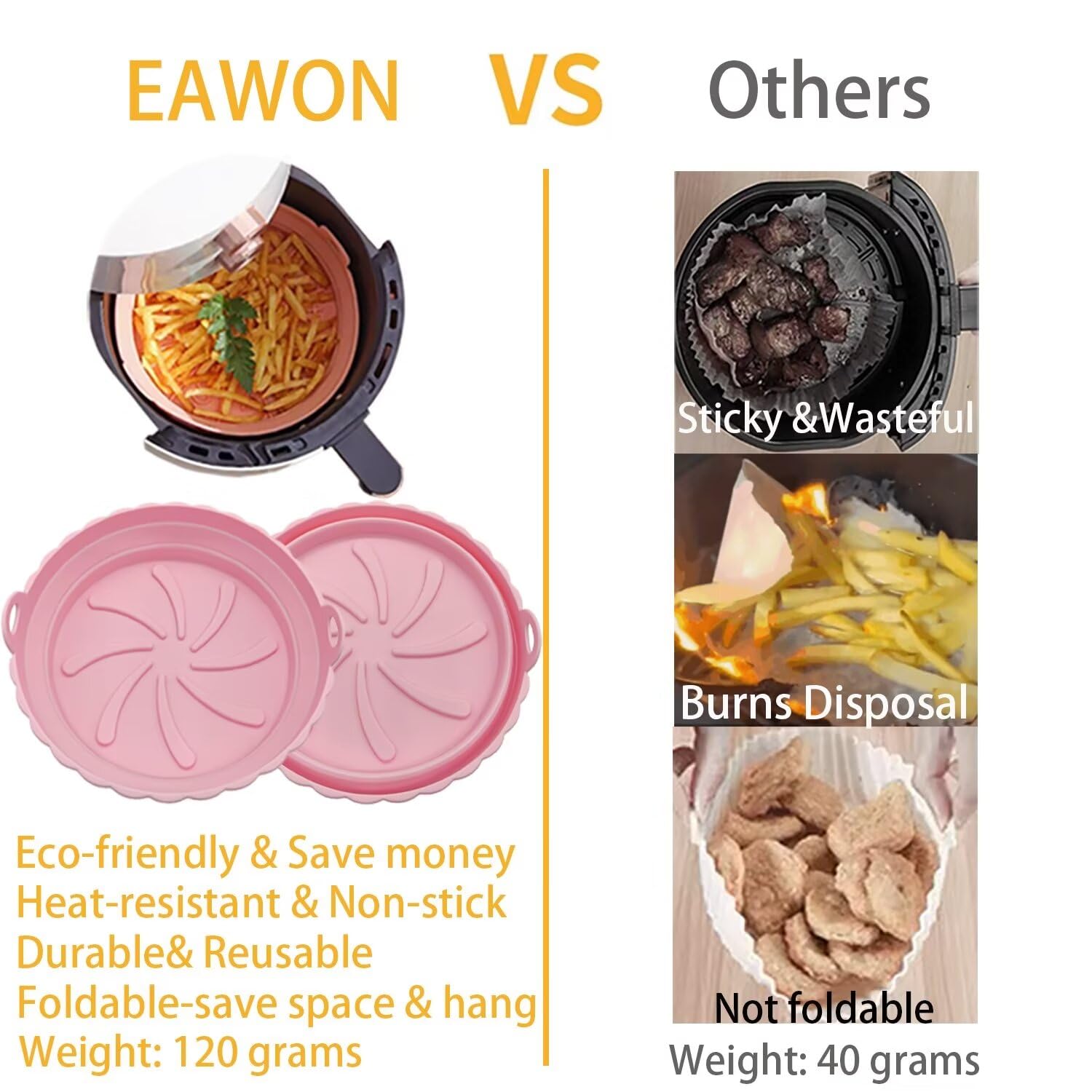 EAWON 2 Pack AirFryer Silicone Liners with Reusable AirFryer Liner Pot Bake Tray 8'' Silicone Airfryer Liner Basket Bowl Mat Non-Stick 3-7 QT Oven Microwave Accessories