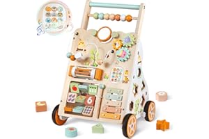 RMISCHOLAR Baby Push Walker, Wooden Baby Walker with Wheels, Montessori Activity Center for 1 2 3 Years Old Boys Girls, Adjustable Speed & Height Push Toy for Toddler Learning to Walk, Gift for Kids Development