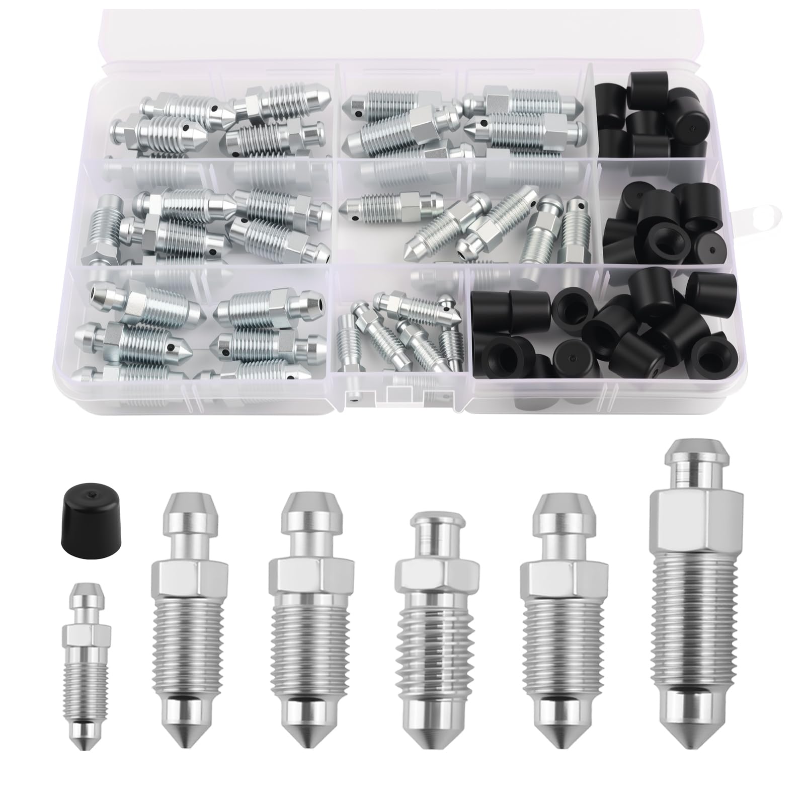 Photo 1 of 36PCS Brake Bleeder Screw Kit with Dust Cap,Multi-Size SAE & Metric Brake Bleeder Valve Kit Replacement H9403-6 H9410-6 H9406-6 H9402-6 H9407-6,Brakes Bleed Kits with Storage Box