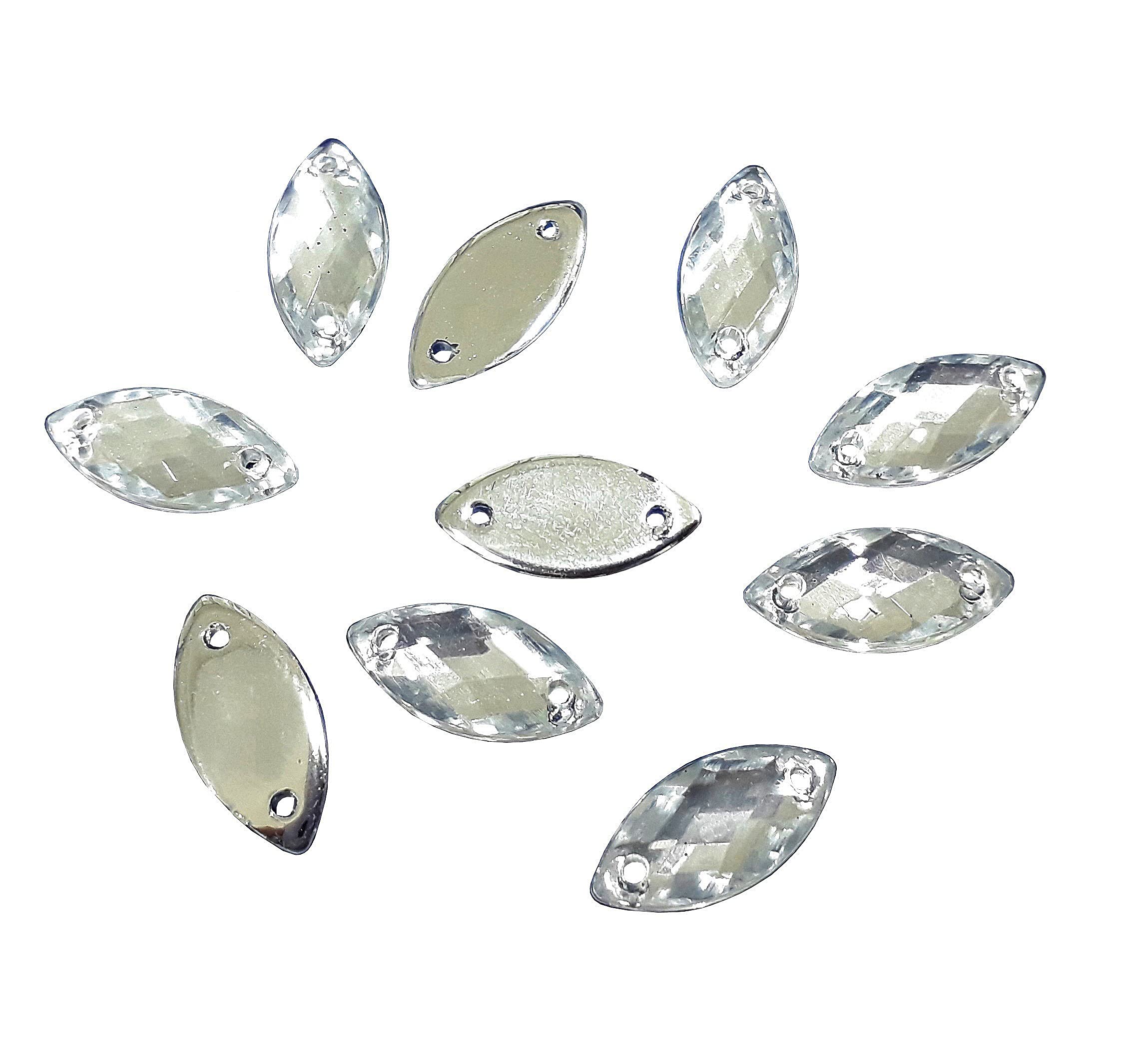 Perlin Rhinestone 100 Pieces Crystal Acrylic Loose Cut Gem Set, 15 x 7 mm, Clear, Oval for Garment Crafts, Clothing and Bag Decoration