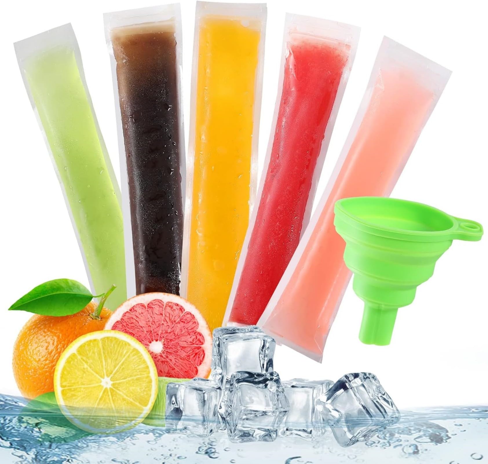 SunAurora Pack of 100 Ice Lolly Moulds, Ice Moulds, Popsicle Bags, Disposable Ice Pop Mould with Funnel, Disposable Ice Lolly Moulds, DIY Ice Pack for Yoghurt Sticks for Juice, Fruit, Smoothies, Ice
