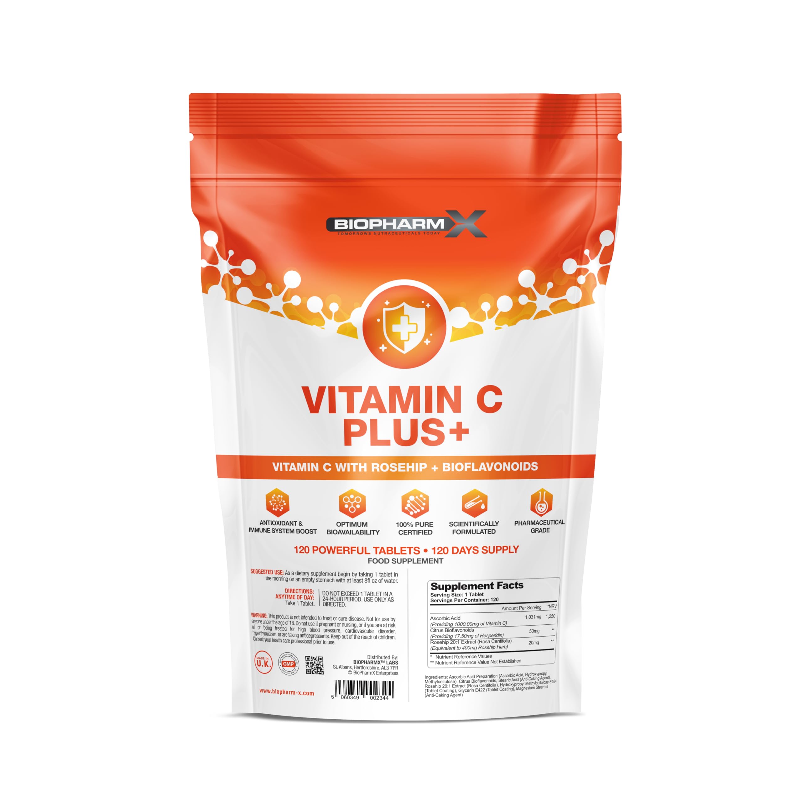 Vitamin C 1000mg Tablets + Rosehip & Bioflavanoids (4 Month Supply) 100% Pure Certified Ascorbic Acid - Suitable for Vegetarians & Vegans - Manufactured in The UK by BioPharmX