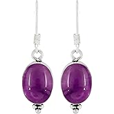 Natural Gemstone Dangle Earrings for Women - 925 Sterling Silver Plated Oval Shape Handmade Earrings - Lightweight Birthstone Fashion Jewelry - Perfect for Wedding & Special Occasions
