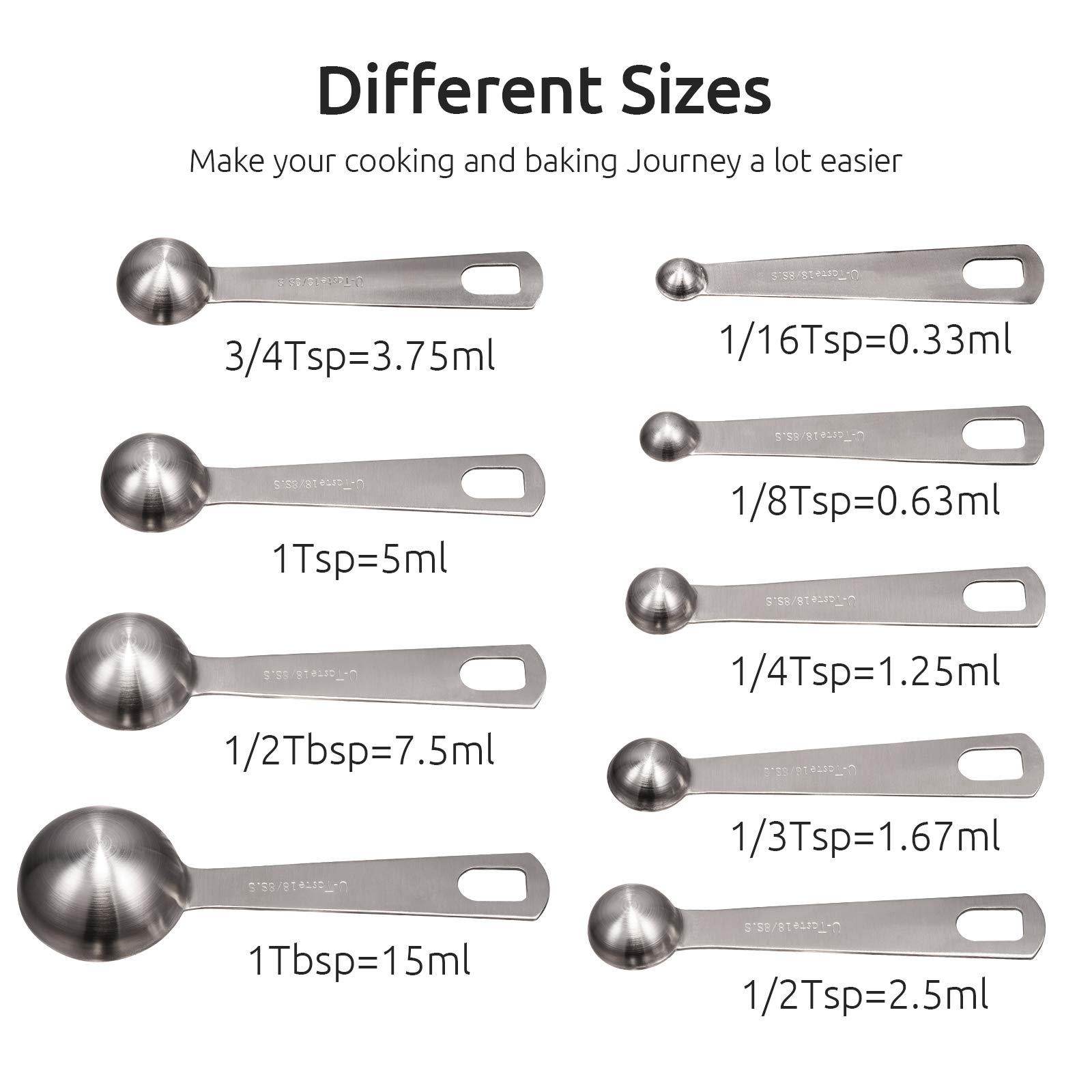 U-Taste Measuring Spoon: Set 18/8 Stainless Steel Measuring Spoons (4) 9 Different Sizes Silver