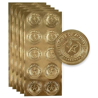 Sodaxx 50 Packs Embossed Gold Foil Certificate Stickers Certificate Seals 1.75" - Certificate of Achievement