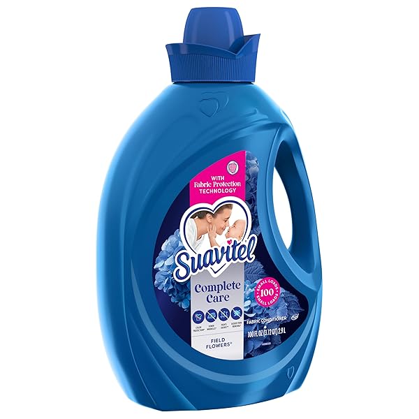 SUAVITEL COMPLETE LIQUID FABRIC SOFTENER, FABRIC CONDITIONER, HE COMPATIBLE, 100 SMALL LOADS, FIELD FLOWERS SCENT, 100 FL OZ BOTTLE