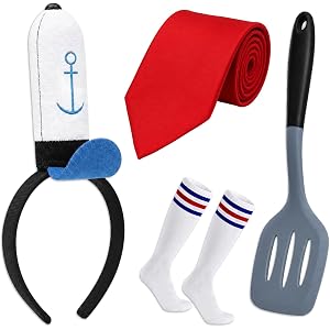 MVEOUY 4Pcs Halloween Sailor Costume Set Include Sailor Headband, Tie Socks and Grey Shovel for Men Women Cartoon Party Dress