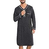 SWOMOG Men's Nightshirt Long Sleeve Nightgown Soft Loose Sleepwear Lightweight Nightwear Comfy Henley Sleep Shirt M-3XL