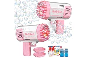 LUSJNGE 2 Bubble Gun with 2 Bottles Refill Solution for Kids, 40-Hole Light Up Bubble Machine for Toddlers 1-3, Pink Bubble Blaster Maker, Party Favors Toys for Boys Girls 4-8 Birthday Gifts