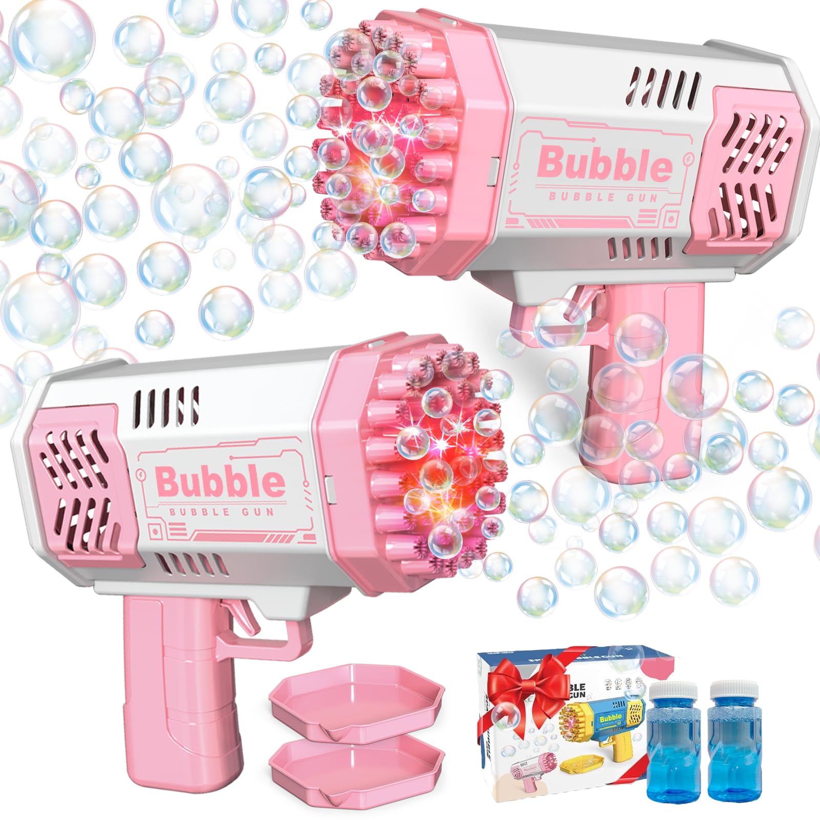 Photo 1 of LUSJNGE 2 Bubble Gun with 2 Bottles Refill Solution for Kids, 40-Hole Light Up Bubble Machine for Toddlers 1-3, Pink Bubble Blaster Maker, Party Favors Toys for Boys Girls 4-8 Birthday Gifts