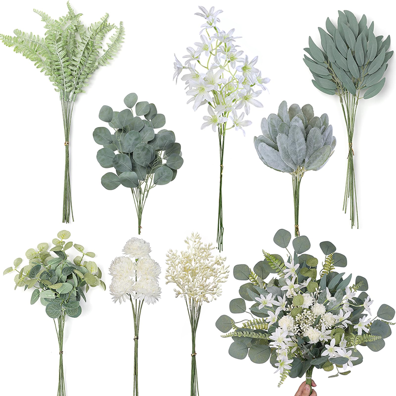 Photo 1 of VIERENA Artificial Greenery Stems Box Set(Pack of 65pcs) with 8 Kinds of Faux Plants and Fake Flowers for DIY Wedding Bouquet Table Centerpieces and Floral Arrangement (Beige&Dusty Green)